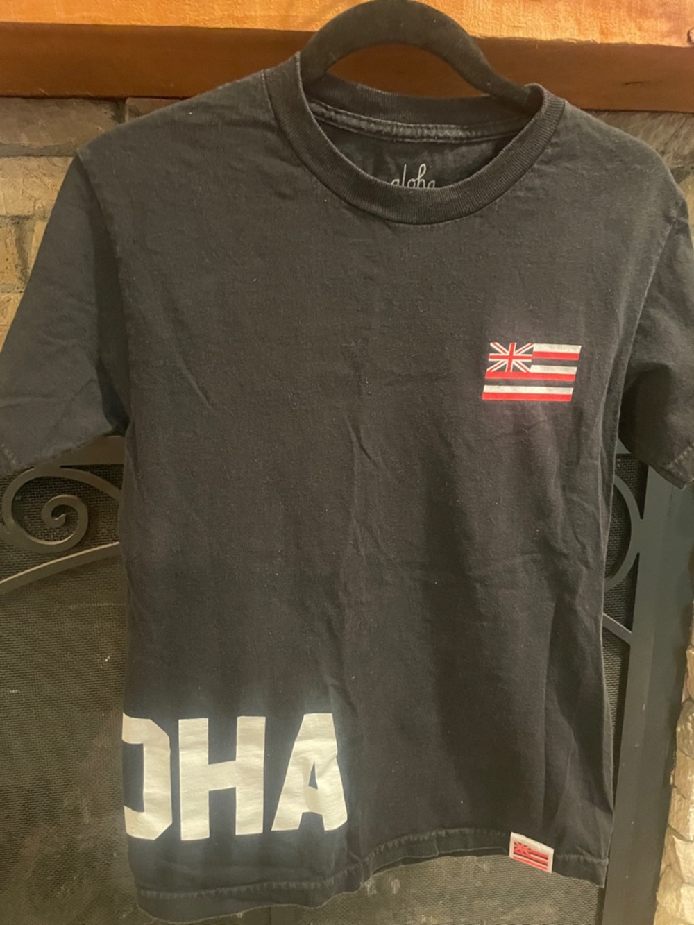 ALOHA Black Short Sleeve Tee with Red & White Flag Accent